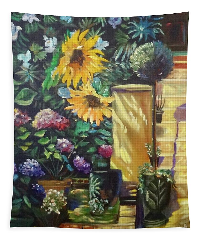 Floral Tapestry featuring the painting Sunflower Aloha by Jenny Lee