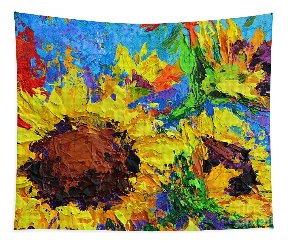 Floral Still Life Tapestry featuring the painting Sunflower Bunch, Modern Impressionistic Floral Still Life palette knife work by Patricia Awapara