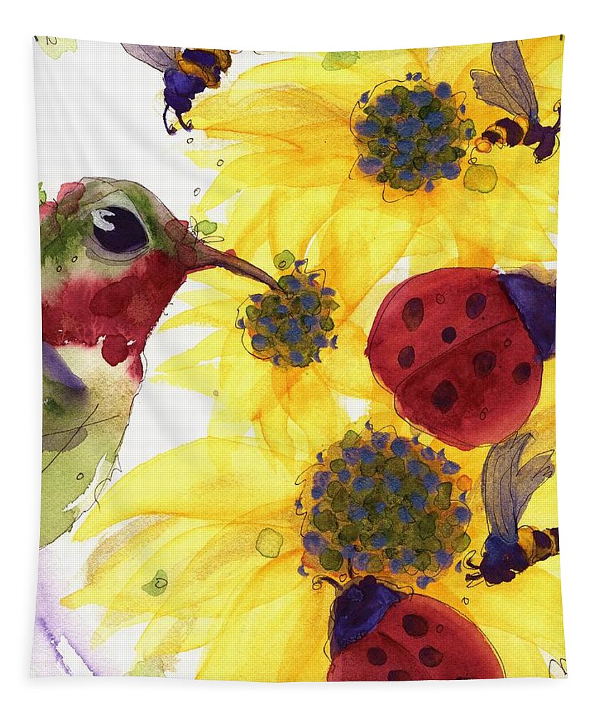 Hummingbird Tapestry featuring the painting Sunflowers and Ladybugs by Dawn Derman