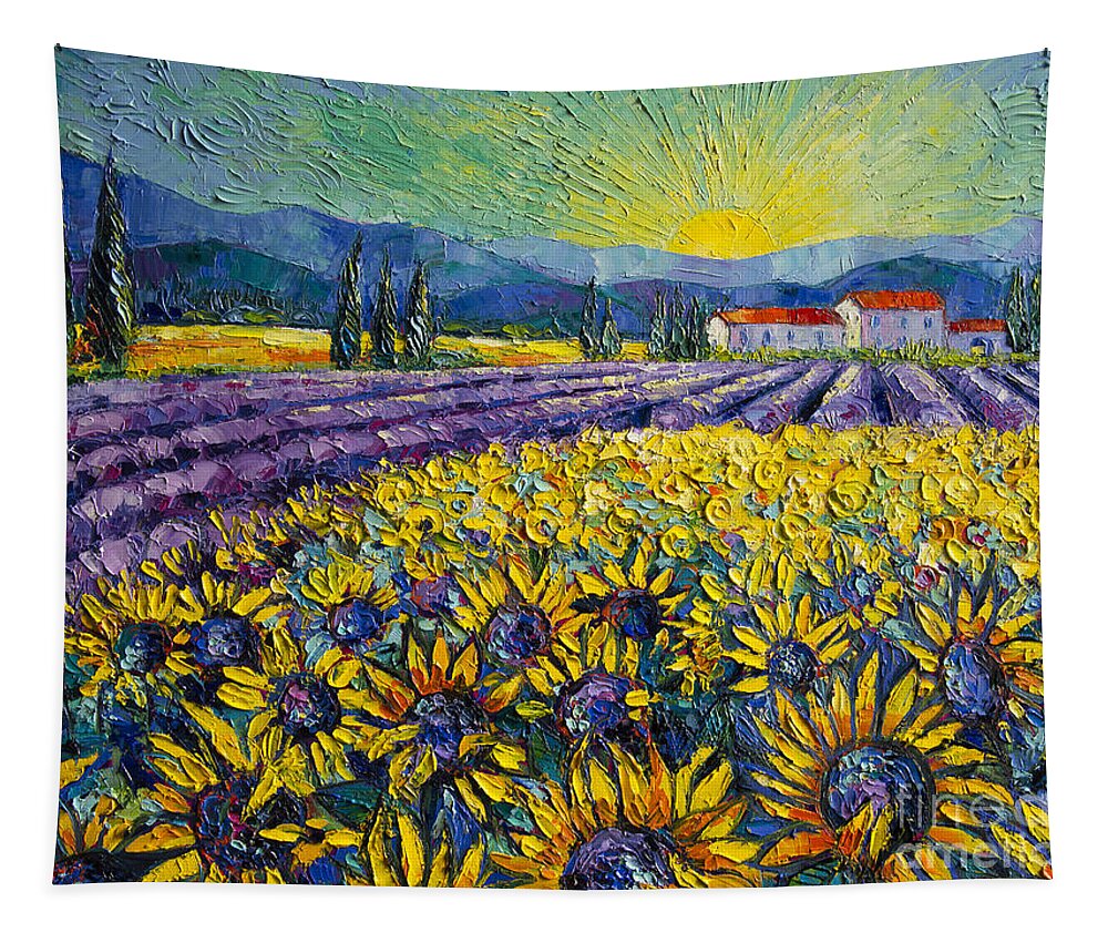 Sunflowers And Lavender Field The Colors Of Provence Tapestry featuring the painting SUNFLOWERS AND LAVENDER FIELD - THE COLORS OF PROVENCE Modern Impressionist Palette Knife Painting by Mona Edulesco