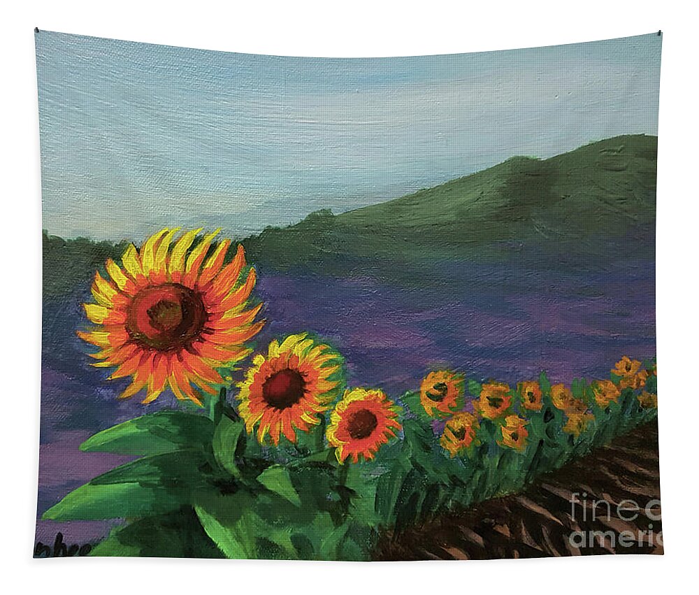 Sunflower Tapestry featuring the painting Sunflowers in a row by Yoonhee Ko