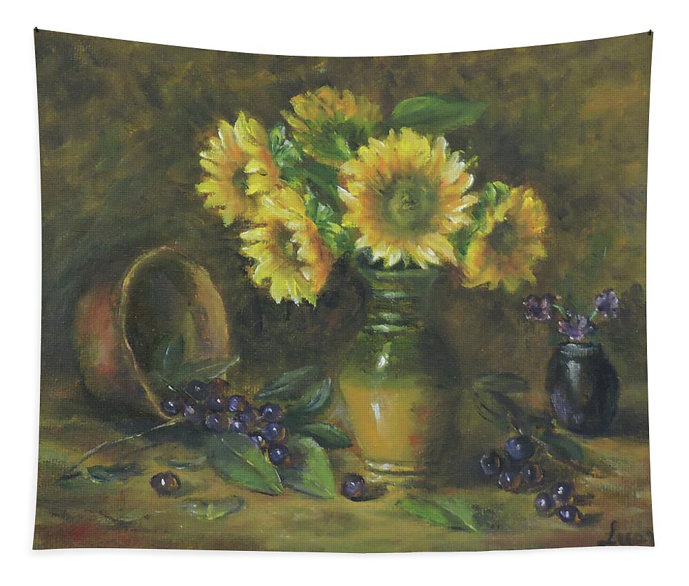 Classical Floral Tapestry featuring the painting Sunflowers by Katalin Luczay