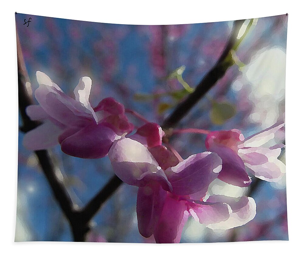 Spring Tapestry featuring the mixed media Sunlight on Redbuds by Shelli Fitzpatrick