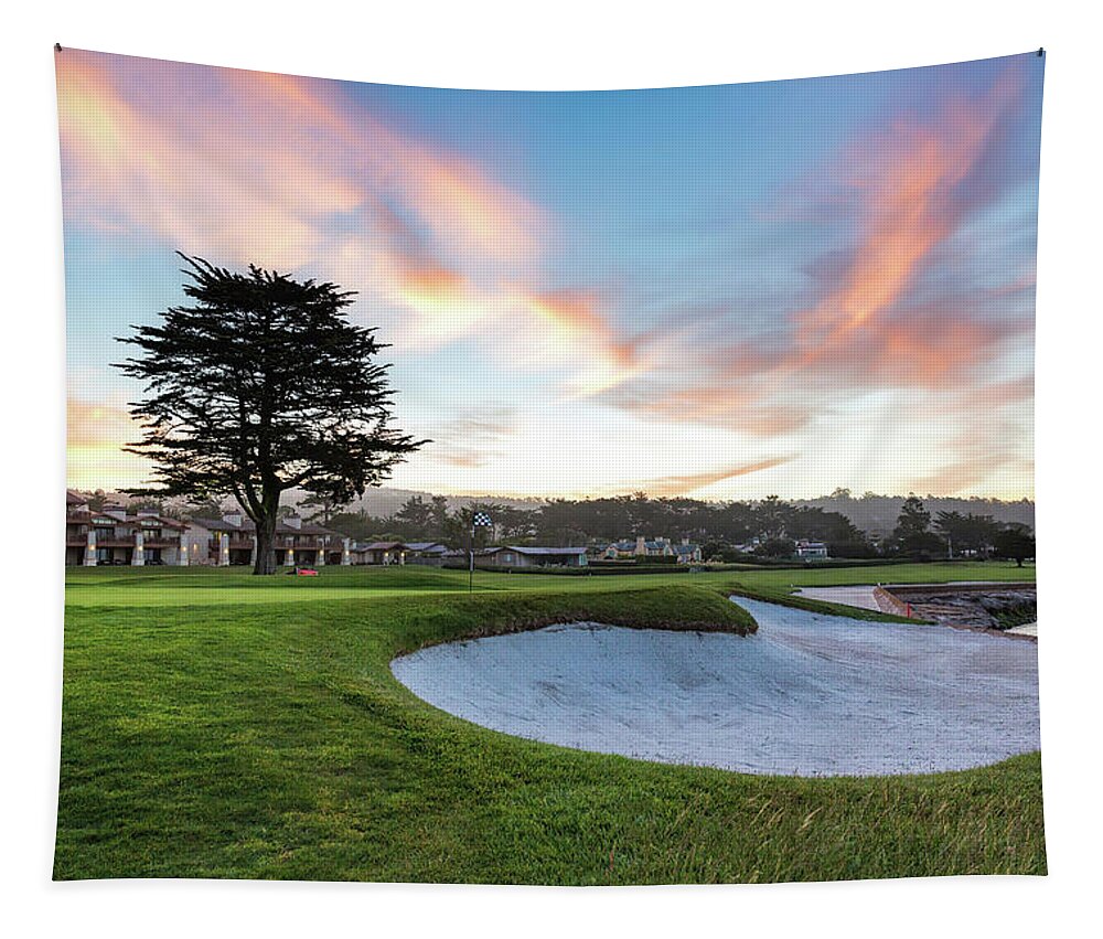 Pebble Beach Golf Course Tapestry featuring the photograph Sunrise at Pebble Beach Golf Course by Mike Centioli