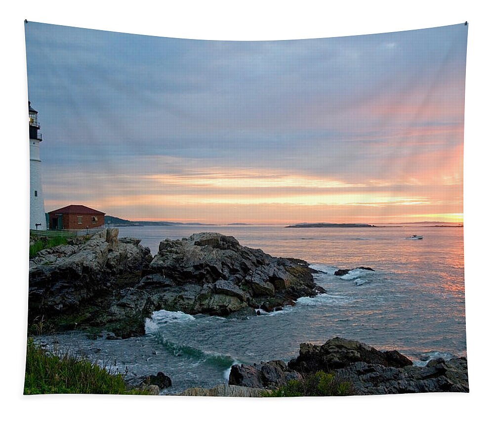 Sunrise Tapestry featuring the photograph Sunrise at Portland Head Lighthouse by Alana Ranney