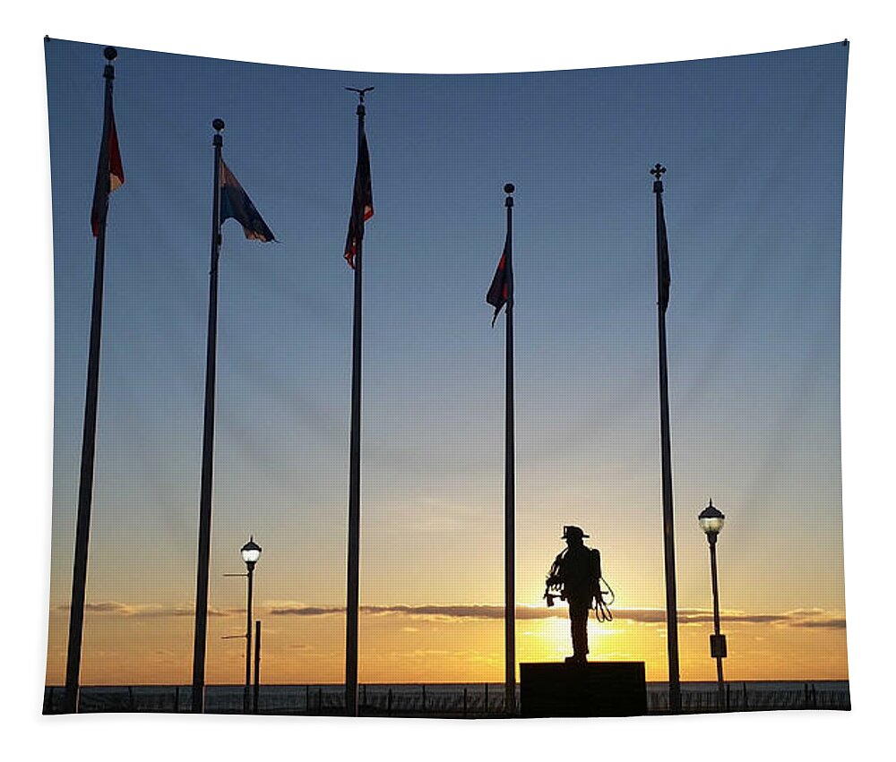 Sunrise Tapestry featuring the photograph Sunrise at the Firefighters Memorial by Robert Banach