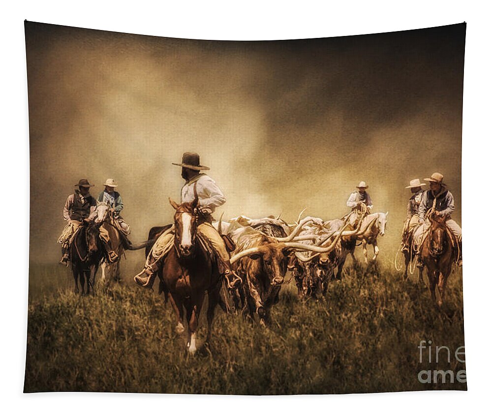 Sunrise Cattle Drive Tapestry featuring the photograph Sunrise Cattle Drive by Priscilla Burgers