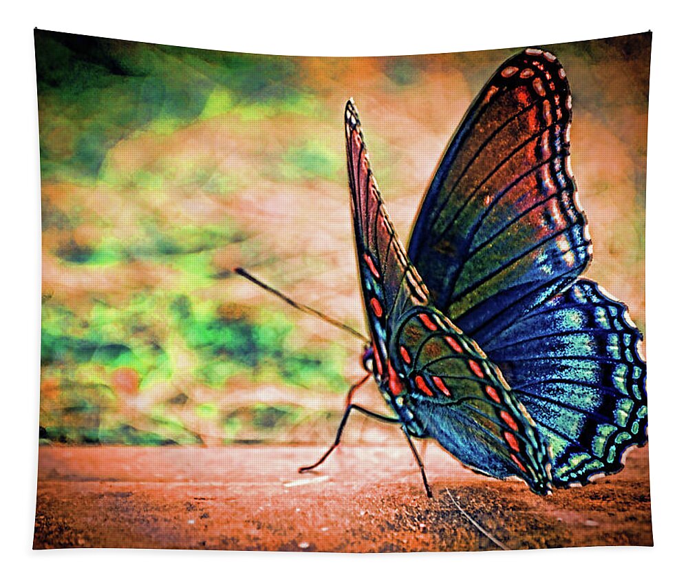 Butterfly On Wood Tapestry featuring the mixed media Sunrise Flutter by Lesa Fine