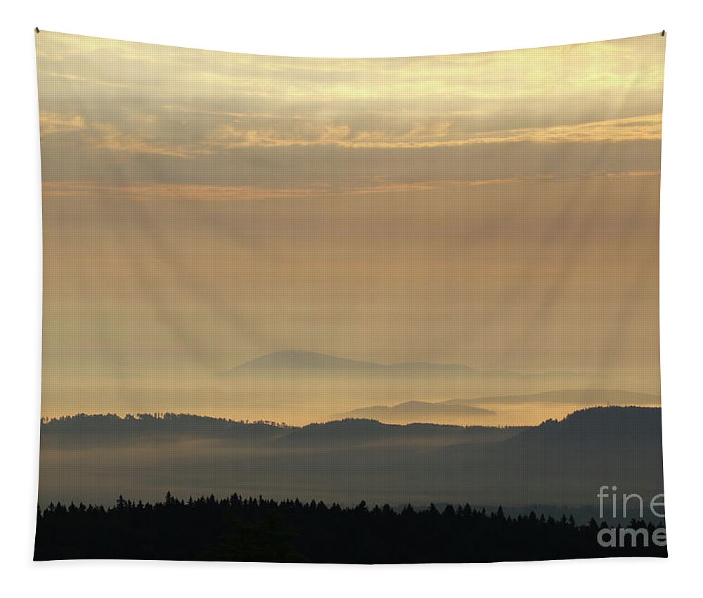Mountains Tapestry featuring the photograph Sunrise in the mountains - hills in morning mist by Michal Boubin