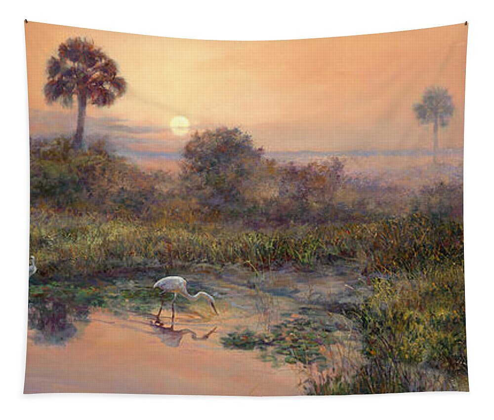 Panoramic Landscape Tapestry featuring the painting Sunrise Okeechobee Breakfast Club by Laurie Snow Hein