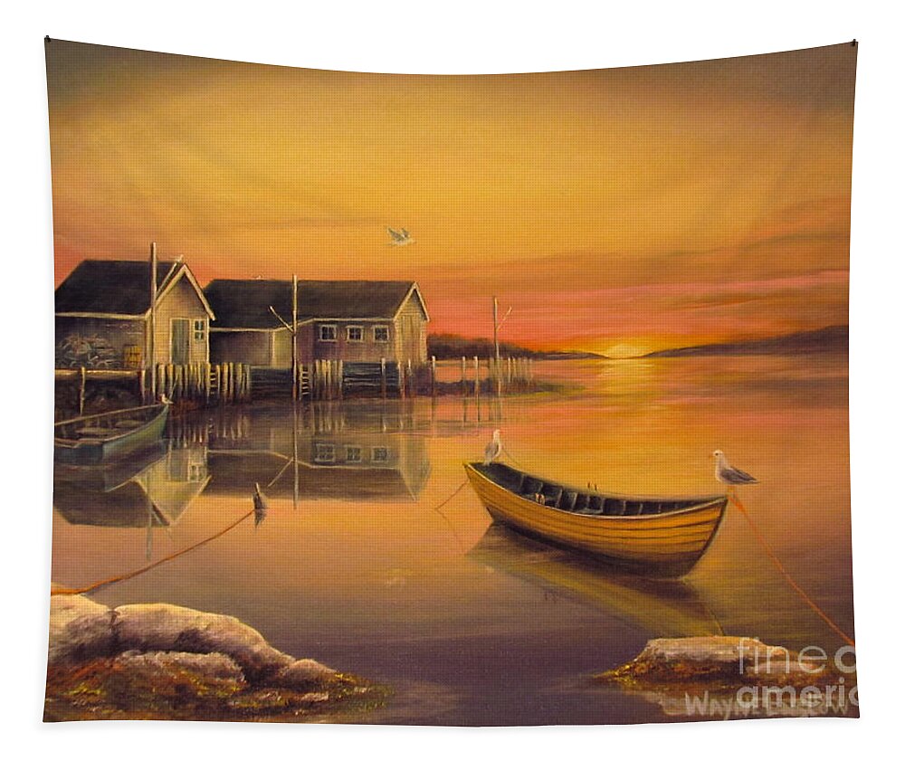 Fishing Village Tapestry featuring the painting Sunrise On Blue Rocks by Wayne Enslow