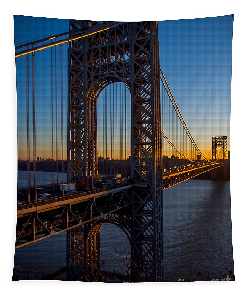 George Washington Bridge Tapestry featuring the photograph Sunrise on the GWB, NYC - Portrait by James Aiken