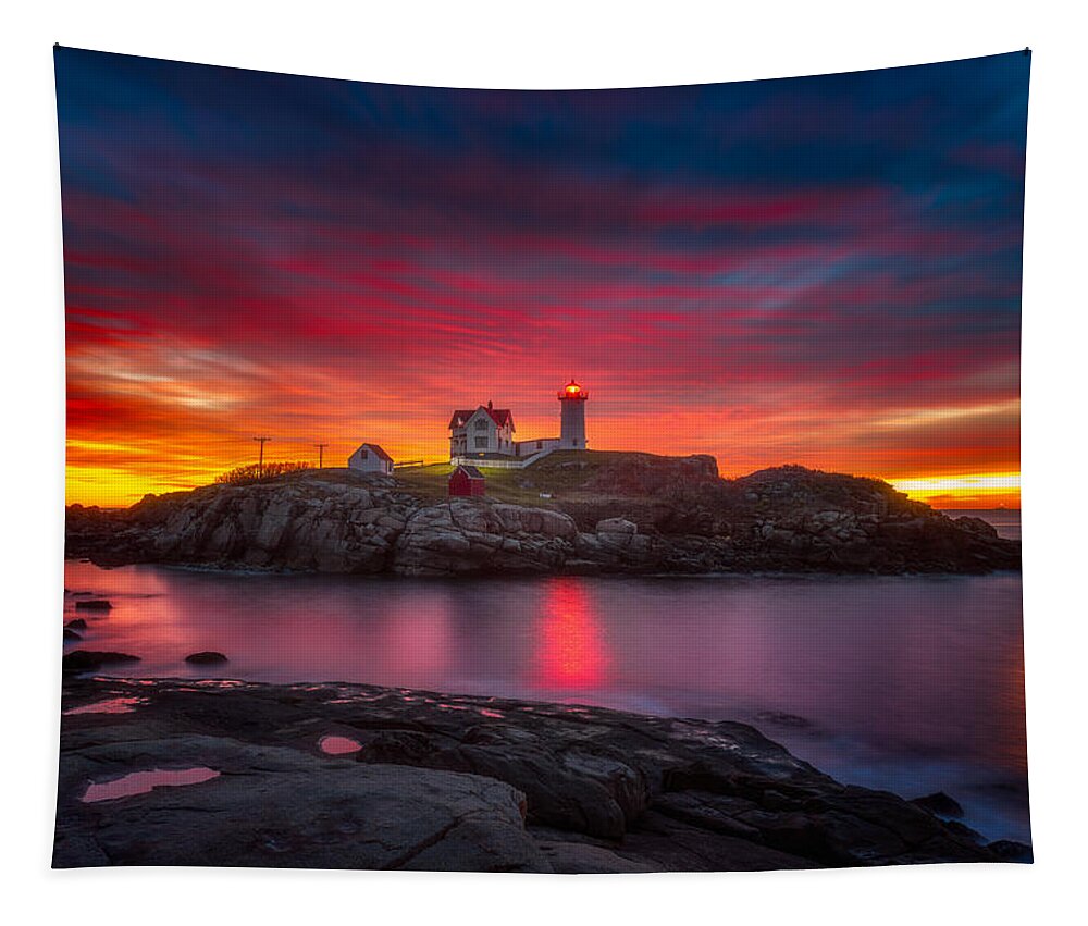 Sunrise Tapestry featuring the photograph Sunrise over Nubble Light by Darren White