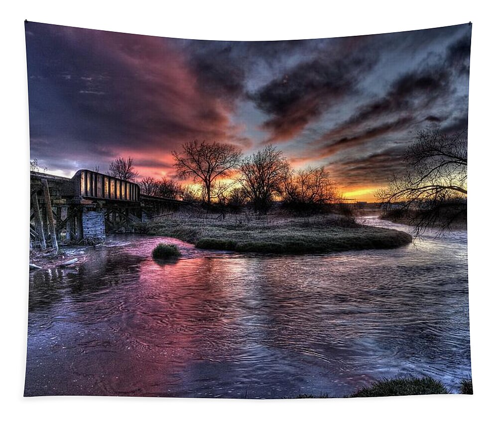 Railroad Tapestry featuring the photograph Sunrise Trestle #1 by Fiskr Larsen