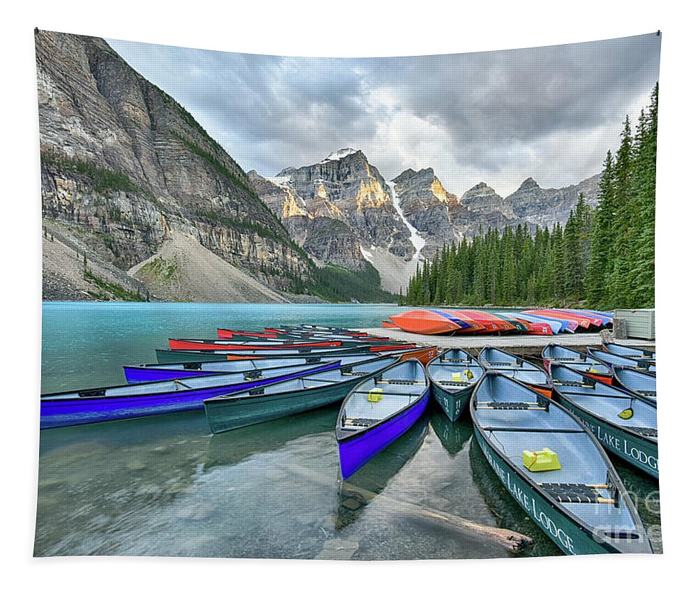 Moraine Lake Tapestry featuring the photograph Sunset at Moraine lake by Paul Quinn