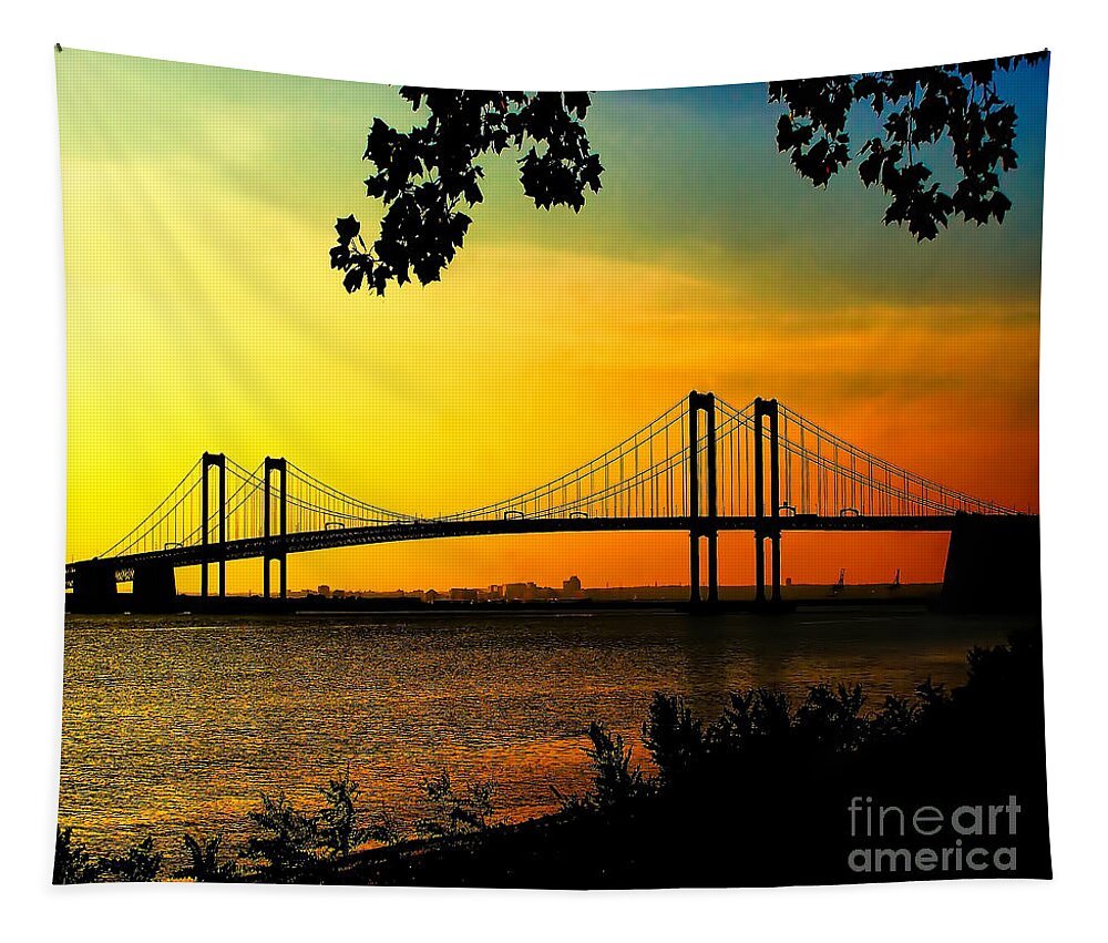 Sunset Tapestry featuring the photograph Sunset at the Delaware Memorial Bridge by Nick Zelinsky Jr