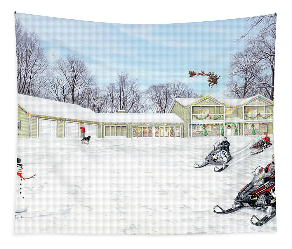 Christmas Decorations Tapestry featuring the painting Sunset House at Christmas by Albert Puskaric