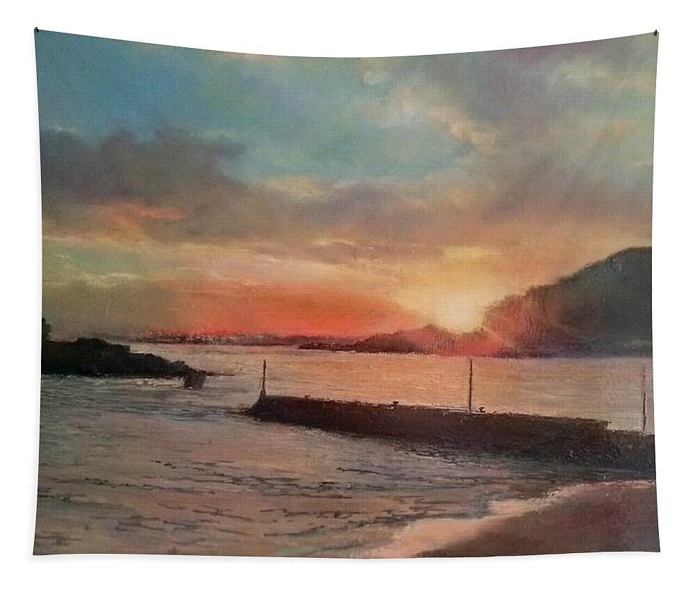 Sunset In Bikini Beach-santander ( Spain) Tapestry featuring the painting Sunset in Bikini beach by Tomas Castano