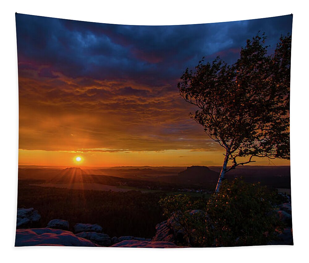 Nature Tapestry featuring the photograph Sunset in Saxonian Switzerland by Andreas Levi