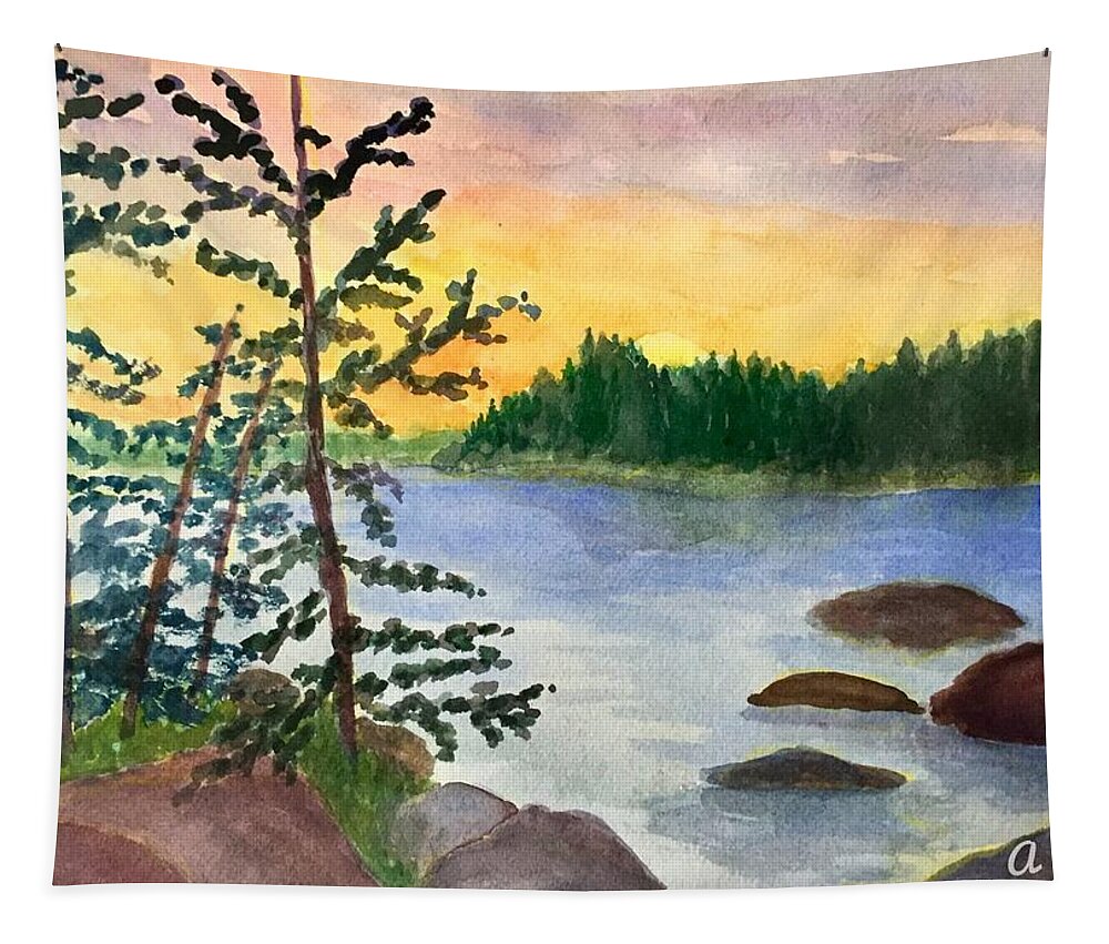 New England Tapestry featuring the painting Sunset in Stonington Maine by Anne Sands