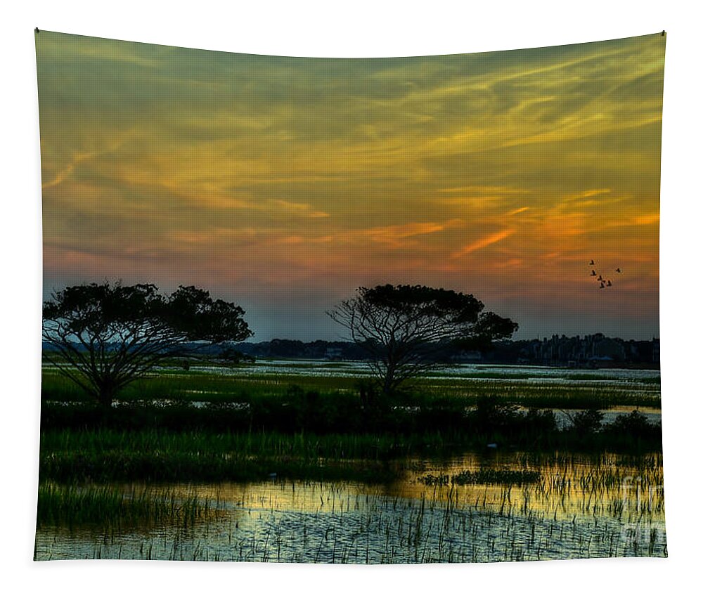Sunset Tapestry featuring the photograph Sunset Marsh by Kathy Baccari