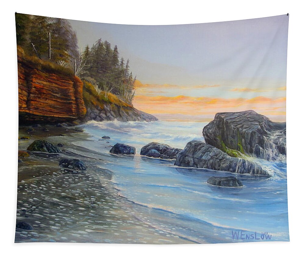 Seascape Tapestry featuring the painting Sunset Mystic Beach by Wayne Enslow