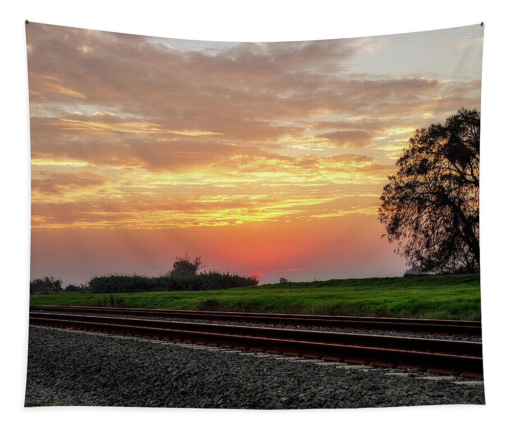 Railroad Tapestry featuring the digital art Sunset on the Tracks by Terry Davis