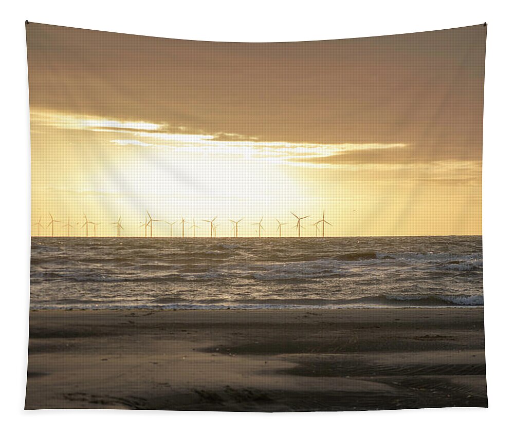 Beach Tapestry featuring the photograph Sunset over Burbo Bank Windfarm by Spikey Mouse Photography