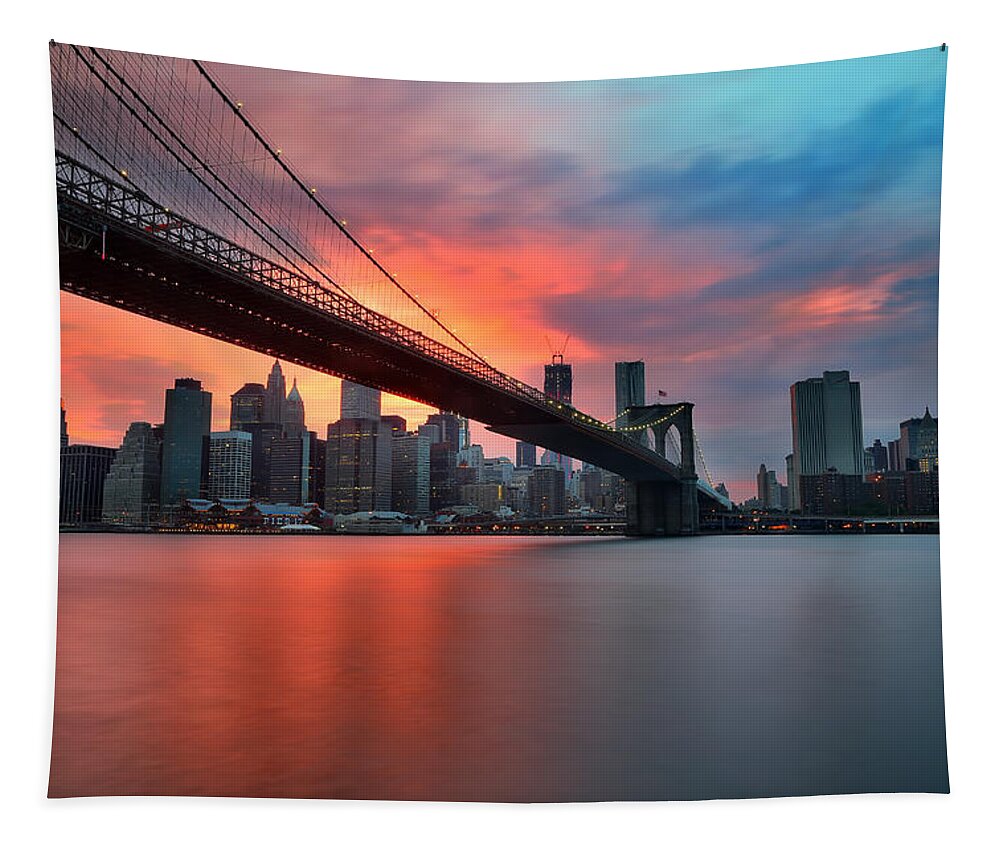 Sunset Tapestry featuring the photograph Sunset over Manhattan by Larry Marshall
