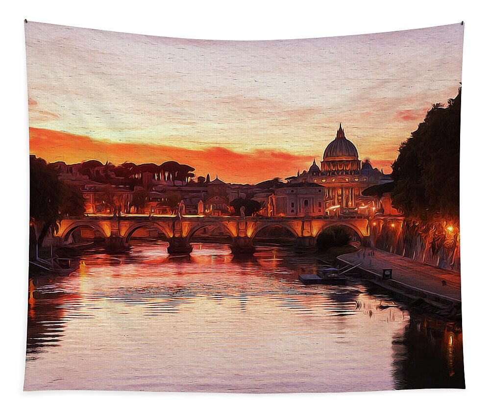 Rome Ancient Monument Tapestry featuring the painting Sunset over the St Peter Basilica by AM FineArtPrints