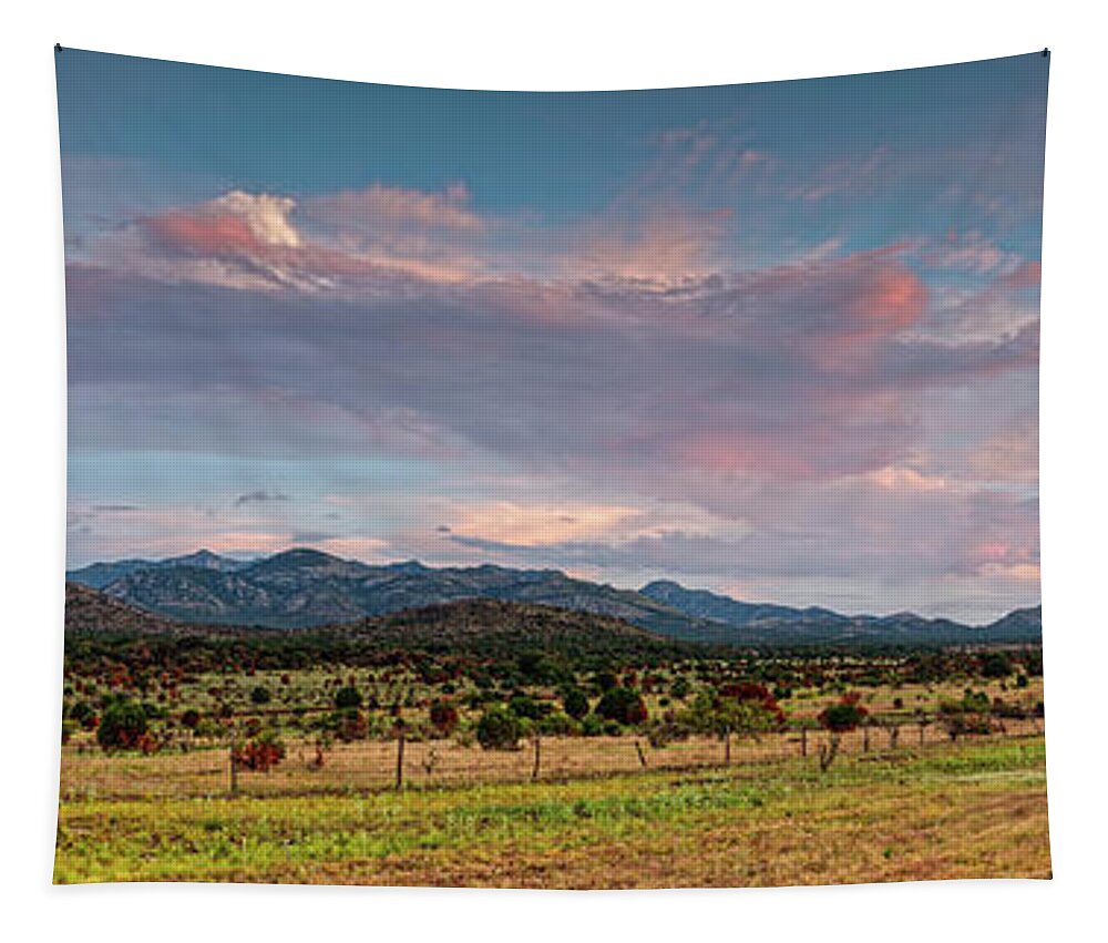 Davis Mountains Tapestry featuring the photograph Sunset Panorama of Sawtooth Mountain and Davis Mountains Preserve - Nature Conservancy West Texas by Silvio Ligutti
