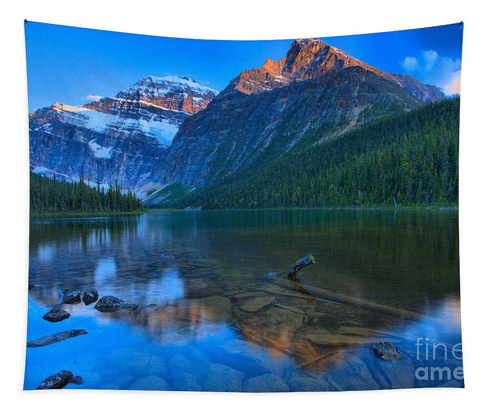 Cavell Tapestry featuring the photograph Sunset Reflections In Cavell Lake by Adam Jewell
