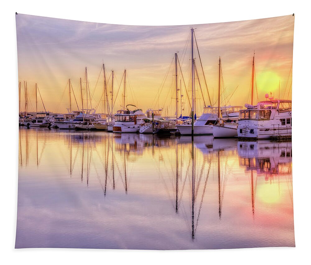 Boats Tapestry featuring the photograph Sunset Skies at the Harbor by Debra and Dave Vanderlaan