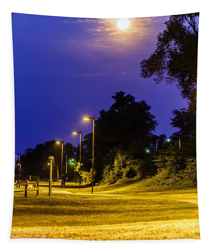 Laurence Harbor Tapestry featuring the photograph Supermoon at Laurence Harbor Waterfront park by SAURAVphoto Online Store