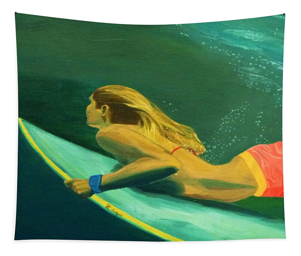 Surf Tapestry featuring the painting Surfer Girl Duck Dive by Jenn C Lindquist