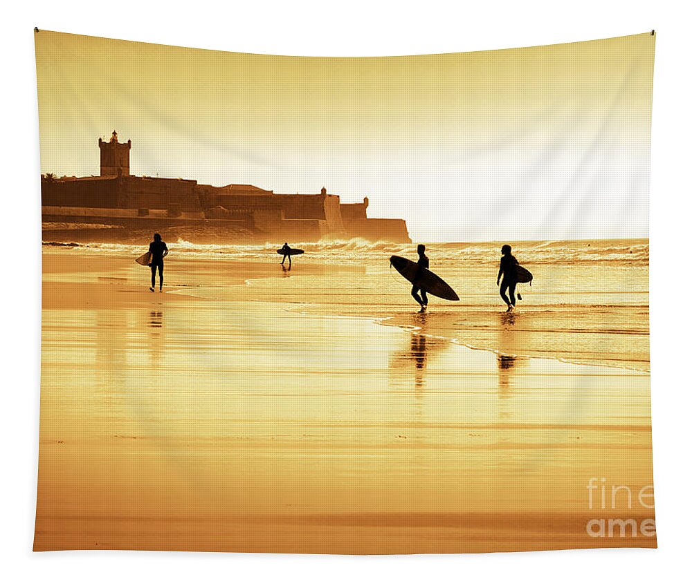 Action Tapestry featuring the photograph Surfers silhouettes by Carlos Caetano