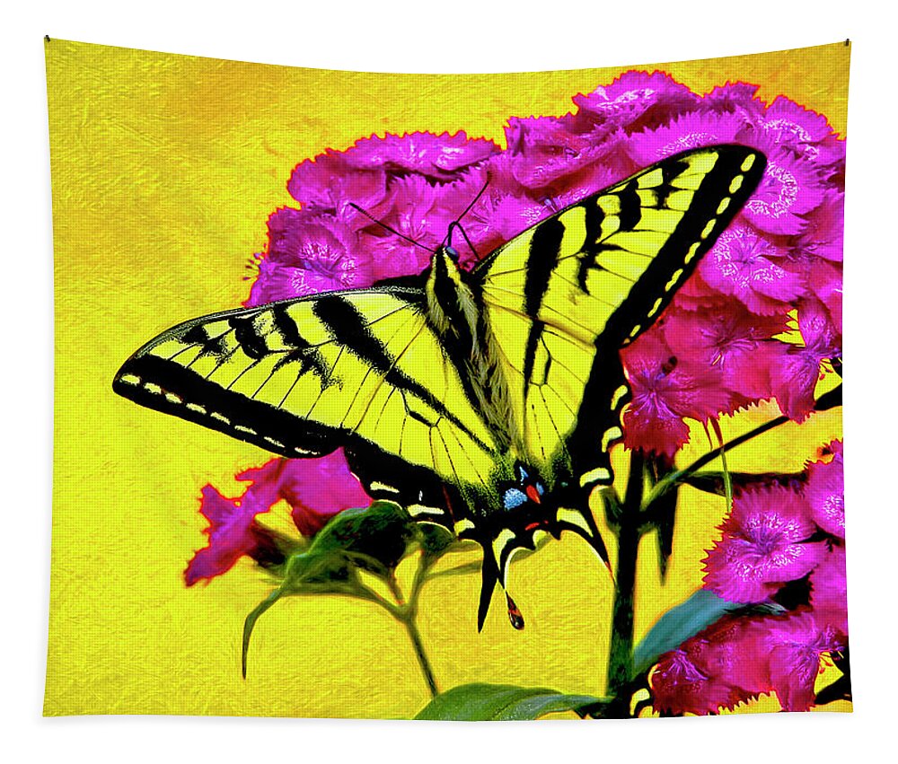 Butterfly Mixed Media. Mixed Media Photo Art. Yellow Swallow Tail Butterfly. Flowers. Lakes. Moths. Caterpillars. Lavera. Feeding. Flying. Garden. Roses. Yellow Flowers. Pink Flowers. Blue Flowers. Birds. Goose. Ducks. Colorado. Colorado Butterflies. Noite Cards. Greeting Cards. Gallery Art. Digital Camera. Digital Photo Art.  Tapestry featuring the digital art Swallow Tail Feeding by James Steele