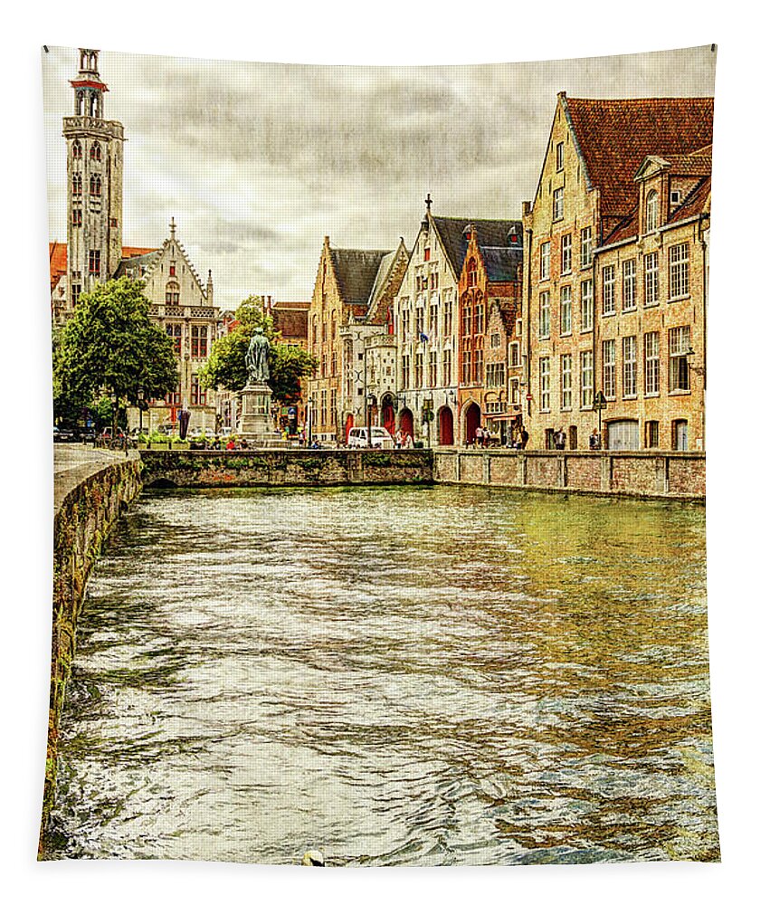 House Tapestry featuring the photograph Swan on a Bruges canal - Vintage by Weston Westmoreland