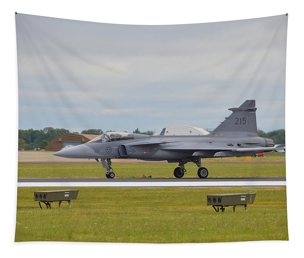 Swedish Tapestry featuring the photograph Swedish Air Force 215 JAS 39A Gripen at the 2017 RIAT Air Show by Gordon James