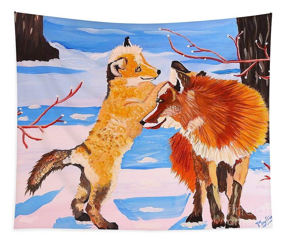 Sweet Vixen And Kit Foxes Tapestry featuring the painting Sweet Vixen and Kit Foxes by Phyllis Kaltenbach