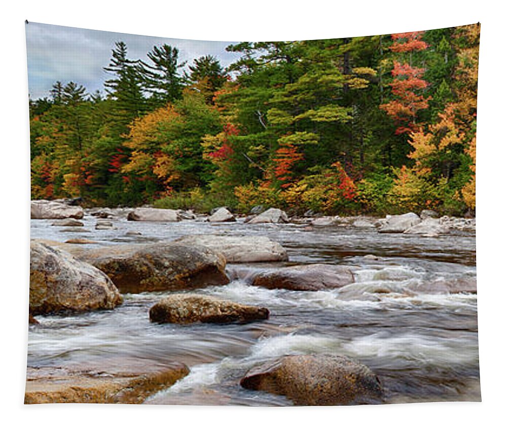 Albany New Hampshire Tapestry featuring the photograph Swift River runs through fall colors by Jeff Folger
