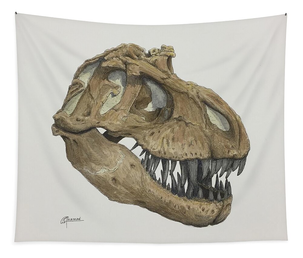 T. Rex Tapestry featuring the painting T. rex Skull 2 by Rick Adleman