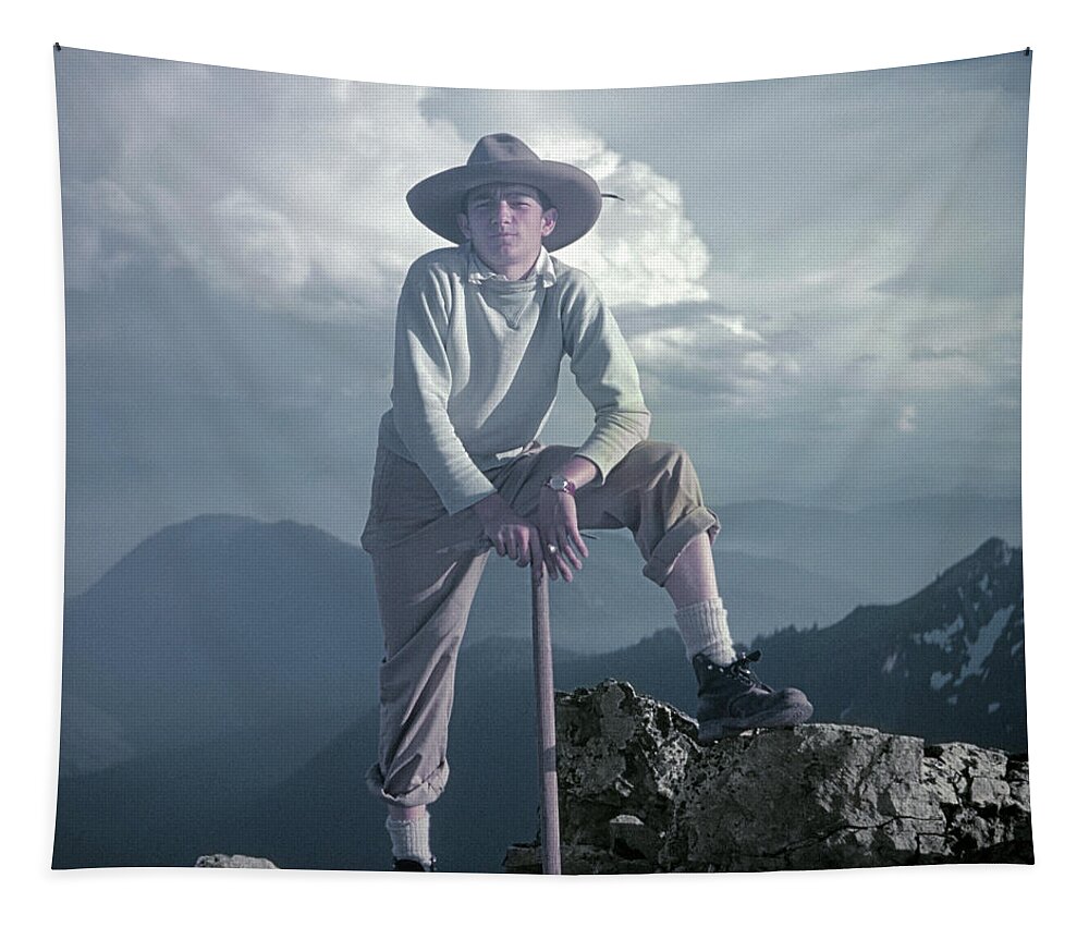 T104800 Tapestry featuring the photograph T104800 Ed Cooper on First Climb Pinnacle Peak Wa 1953 by Ed Cooper Photography