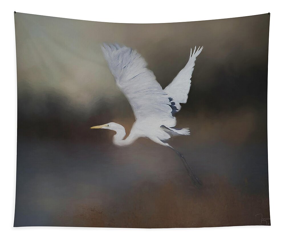 Egret Tapestry featuring the mixed media Taking Flight by Teresa Wilson