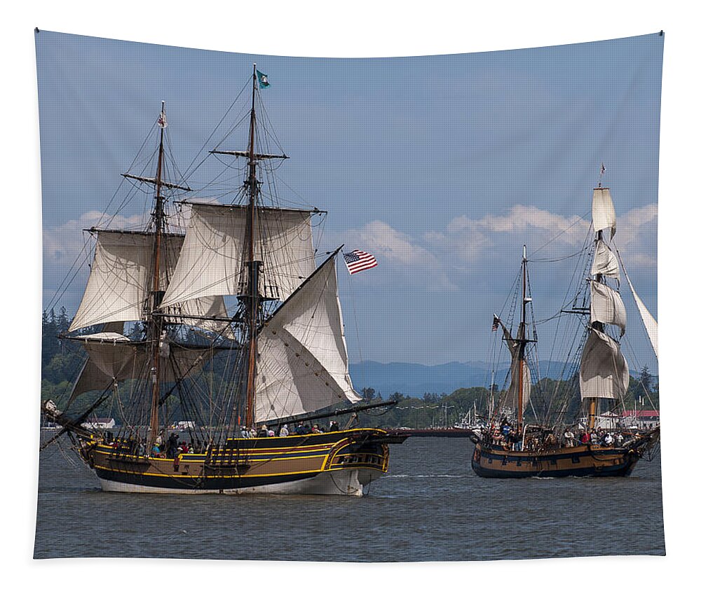 Astoria Tapestry featuring the photograph Tall Ships Square Off by Robert Potts