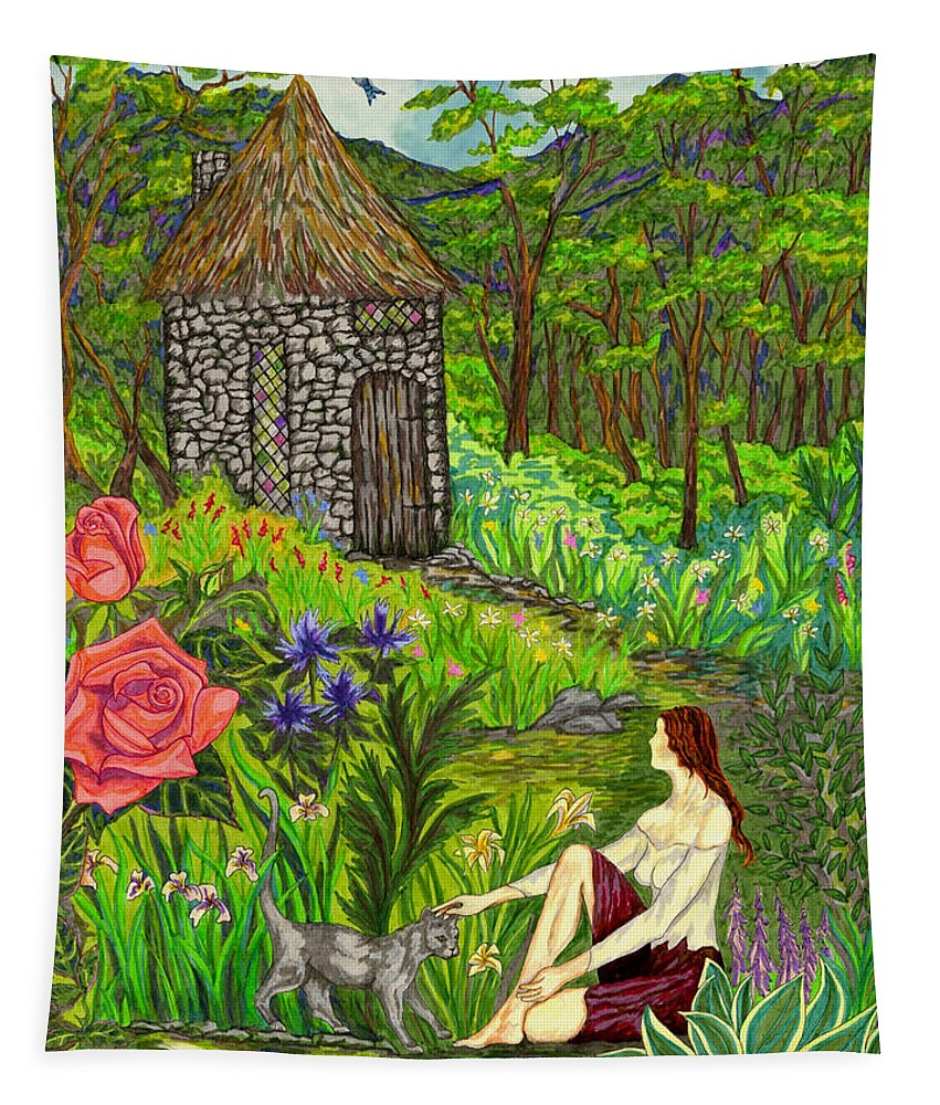 Blue Jay Tapestry featuring the drawing Tansel's Garden by FT McKinstry