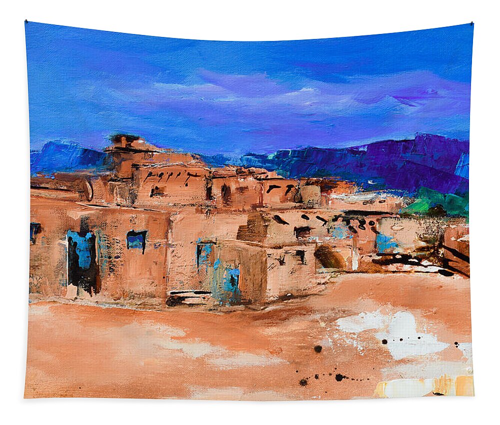 Taos Tapestry featuring the painting Taos Pueblo Village by Elise Palmigiani