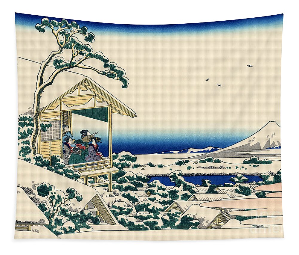 Hokusai Tapestry featuring the painting Tea house at Koishikawa, the morning after a snowfall by Hokusai