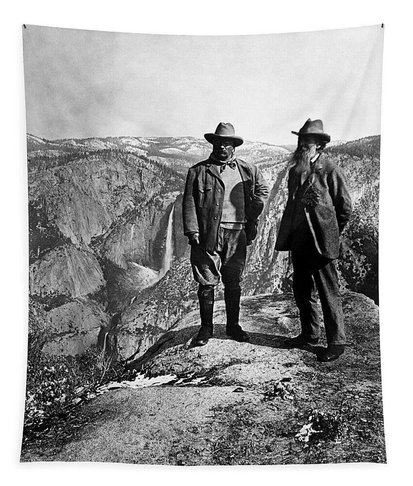 President Roosevelt Tapestry featuring the photograph Teddy Roosevelt and John Muir - Glacier Point Yosemite Valley - 1903 by War Is Hell Store
