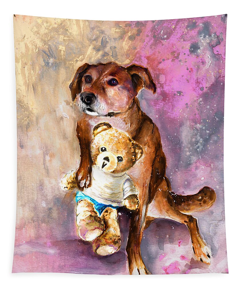 Truffle Mcfurry Tapestry featuring the painting Teddy Bear Caramel And Dog Douchka by Miki De Goodaboom